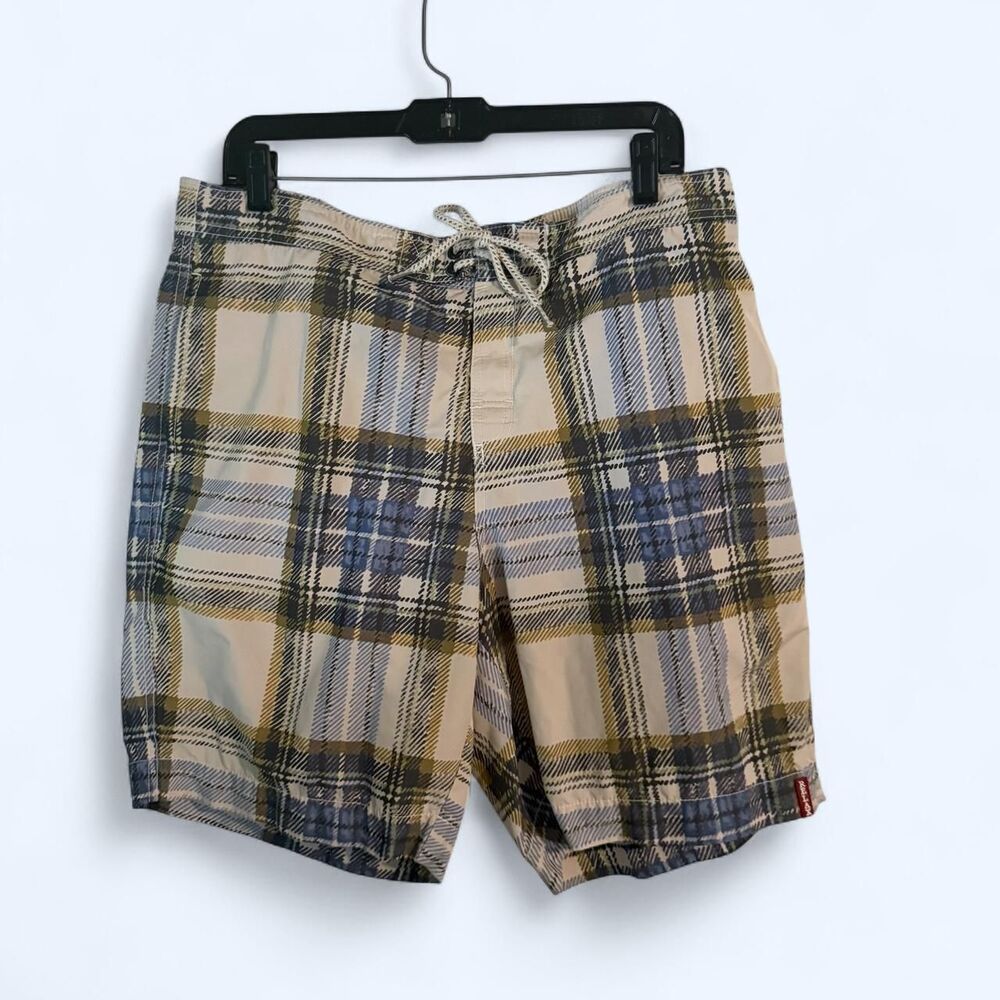 Tommy Bahama Relax Plaid Swim Trunks Board Shorts Cream Blue Size L